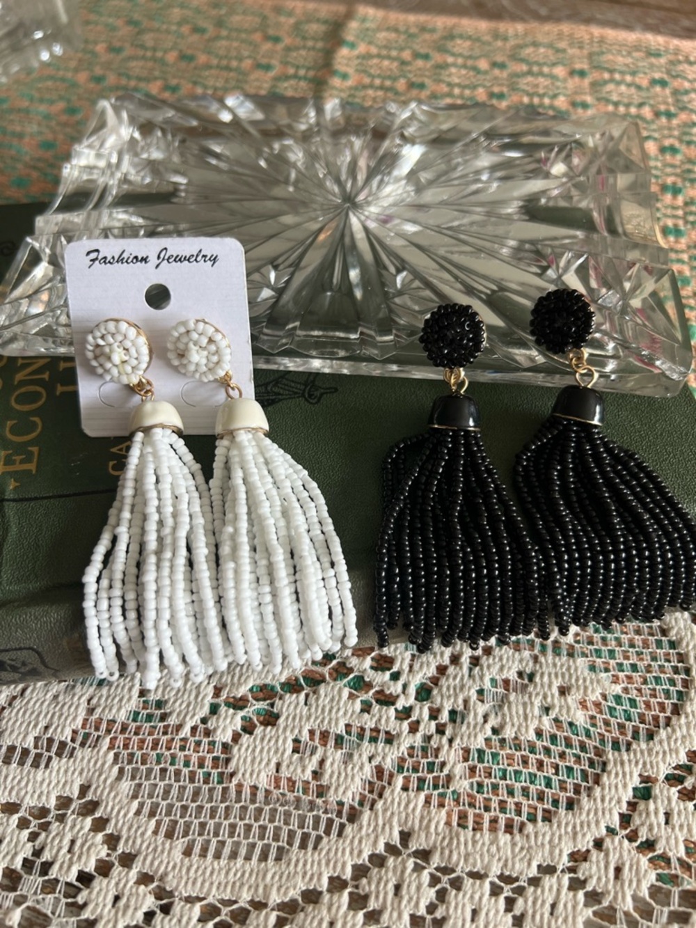 Fashion Jewelry Beaded Tassel Drop Earrings - White & Black 2 Pair Set